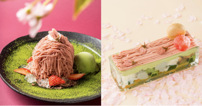 左）自家製桜モンブランクリームをたっぷり使用。抹茶の旨味が春を祝う「和もんぶらん 桜」 右）水面に映る満開の桜をイメージ。日比谷 林屋新兵衛限定「春風かおる 桜パフェ」