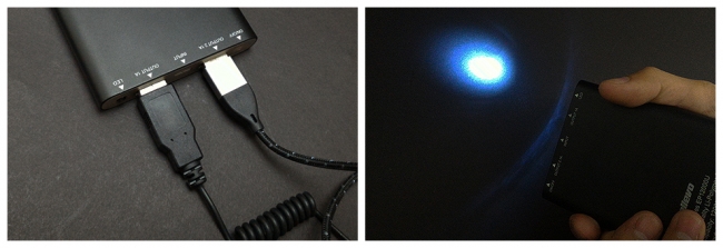 2口同時充電が可能です(片側は2A) ／ 暗闇で便利なLEDライトも