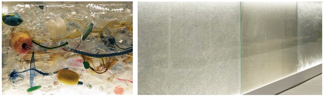 床面ディスプレイのイメージ 　（左）：海洋ゴミ、（右）：海洋ペットボトルのリサイクル工程