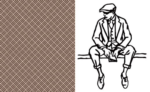 ［左］” PARQUET PATTERN” ベルサイユ宮殿の床に施された寄木細工を表現した柄　［右］” MAN ON THE FENCE” アメリカのイラストレーター、 J.C.ライエンデッカーのイラストから引用したブランドアイコン