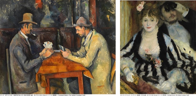 （左）ポール・セザンヌ《カード遊びをする人々》1892-96年頃　（右) ピエール=オーギュスト・ルノワール《桟敷席》1874年　© Courtauld Gallery (The Samuel Courtauld Trust)