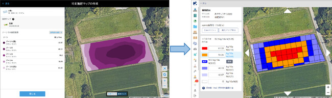 ザルビオ(R) フィールドマネージャーで作成した可変施肥マップ(左図)をKSASに取り込んだイメージ(右図)