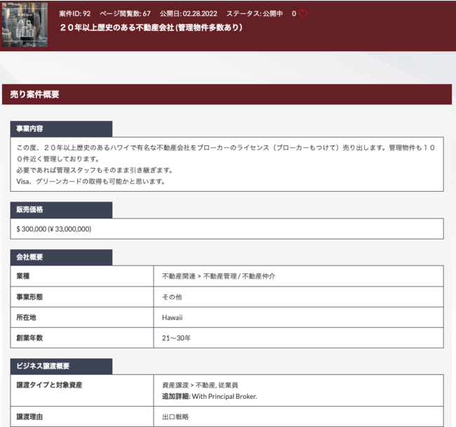 ビジネス売買の一例 20年以上歴史のある不動産会社