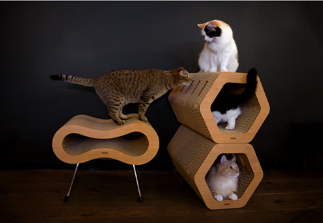 写真左 Cat Stool［ Midi ］Black ／ 写真右 Cat Scratch Hexagon Max