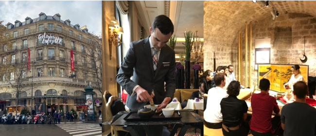 (写真左から) パリ 老舗百貨店 ギャラリー・ラファイエット/パリ 5ツ星ホテル Four Seasons Hotel George V/パリ店地下 茶禅ギャラリー お茶アトリエの様子 (写真左から) パリ 老舗百貨店 ギャラリー・ラファイエット/パリ 5ツ星ホテル Four Seasons Hotel George V/パリ店地下 茶禅ギャラリー お茶アトリエの様子