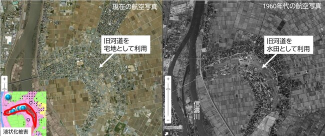 現在と1960年代の信濃川周辺の航空写真比較（新潟県江南区）