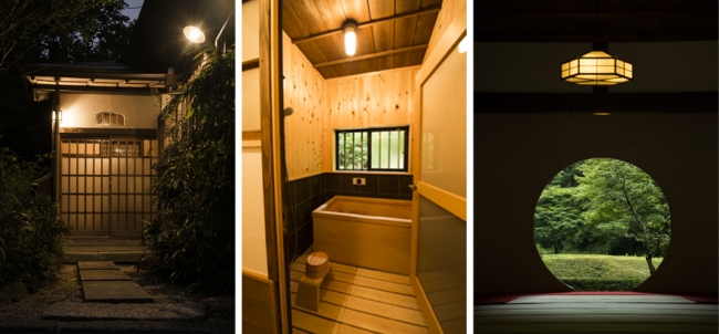 左 外観、真ん中　檜のお風呂、右 明月院 円窓 (北鎌倉 どんげ庵)