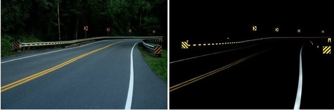 3Mの路面標示材を使った道路の見え方の比較例：昼間（左）、夜間（右）