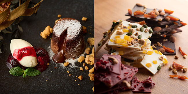 シェフの一皿 フォンダンショコラ イメージ(左)、3種の割りチョコ食べ放題イメージ(右) シェフの一皿 フォンダンショコラ イメージ(左)、3種の割りチョコ食べ放題イメージ(右)