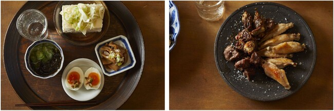 左・日本酒の炭酸割りと豆皿つまみ(ねぎ塩豆腐・めんまのごま油がけ・もずくきゅうり・ゆで卵のねぎみそのせ)　右・オーブントースター焼き鳥　撮影／福尾美雪