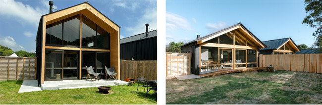 （左）ノルディックキャビン、（右）プライベートキャビン　部屋の前の庭はプライベートドッグランとしても使えます
