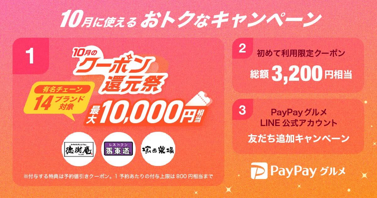 PayPayグルメ、有名チェーン店14ブランドと連携した、最大10,000円分の