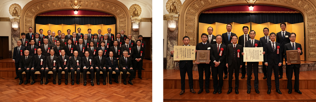 左：受賞された皆様との集合写真　右：受賞した３社(積水化学工業、東京都下水道サービス、足立建設工業)の関係者