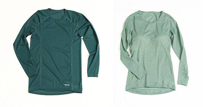 左)ドライレイヤー(R)ウォーム ロングスリーブ雪緑(ゆきみどり)色 右)ドライレイヤー(R)ウォーム ブラトップロングスリーブ霧緑(きりみどり)色 左)ドライレイヤー(R)ウォーム ロングスリーブ雪緑(ゆきみどり)色 右)ドライレイヤー(R)ウォーム ブラトップロングスリーブ霧緑(きりみどり)色