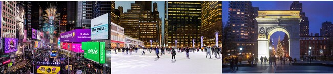 （写真左より）タイムズスクエアのカウントダウン、Bryant Parkのスケートリンク、ワシントンスクエア・パークのクリスマツツリー
