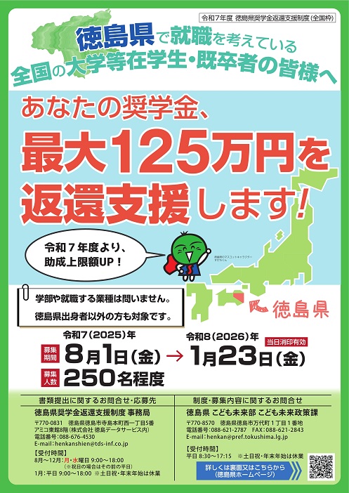 徳島で働きたい皆さんの奨学金の返還を支援します！