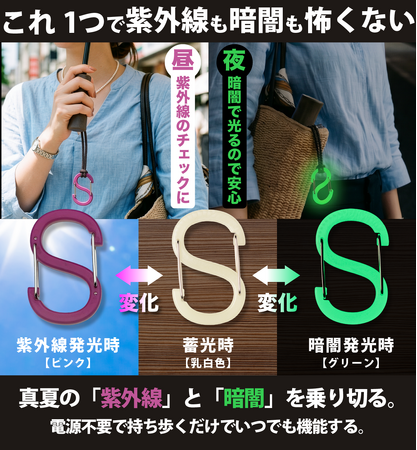 猛暑時代の“見えない紫外線”を色で知らせる。UVチェック蓄光カラビナ【OBORO UV Checker】