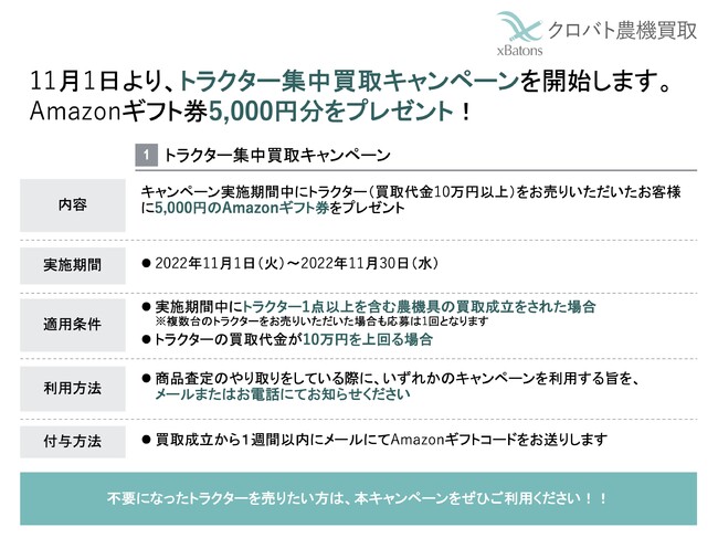【5,000円分のAmazonギフト券プレゼント】農機具買取サービス「クロバト農機買取」はトラクター集中買取キャンペーンを実施します！