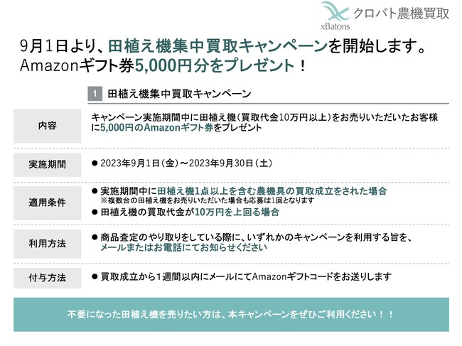 【5,000円分のAmazonギフト券プレゼント】農機具買取サービス「クロバト農機買取」は田植え機集中買取キャンペーンを実施します！