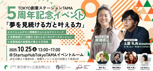 澤穂希×土屋礼央/多摩ゆかりの起業家ご登壇！TOKYO創業ステーション TAMA 5 周年記念イベント10月25日(土)開催決定！