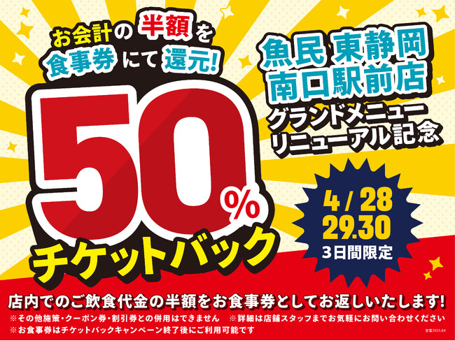 【魚民 東静岡南口駅前店】4月28日～30日の3日間限定でお会計の半額分を「お食事券」でお返しする“50％チケットバックキャンペーン”を開催！！