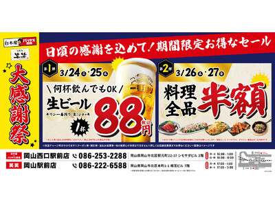 【大感謝祭】岡山県の「白木屋×バリヤス酒場 岡山西口駅前店」「笑笑 岡山駅前店」の2店舗で日頃の感謝を込めて“大感謝セール”を開催！生ビール1杯88円（税込）や料理全品半額セールを日替わりで実施！