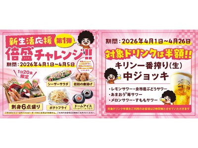 【新生活応援！】対象の7店舗限定で「倍盛チャレンジ！！」を実施いたします。対象の料理が週替わりでお値段そのまま倍盛になるほか、対象のドリンクを半額でご提供いたします！