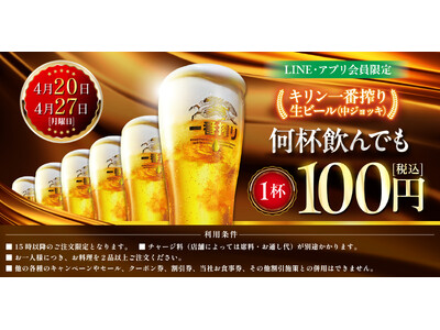LINE・アプリ会員限定【4月20日、4月27日】マンデー＼生ビール1杯100円セール／を開催！