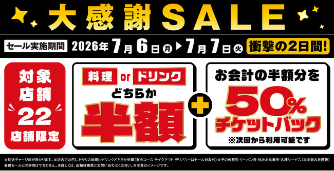 対象の22店舗で日頃の感謝を込めて“大感謝セール”を開催!2026年7…