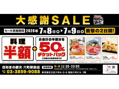 【大感謝SALE】東京都足立区の「目利きの銀次 六町駅前店」で2日間限定の“料理半額”＆“半額チケットバックキャンペーン”を開催！