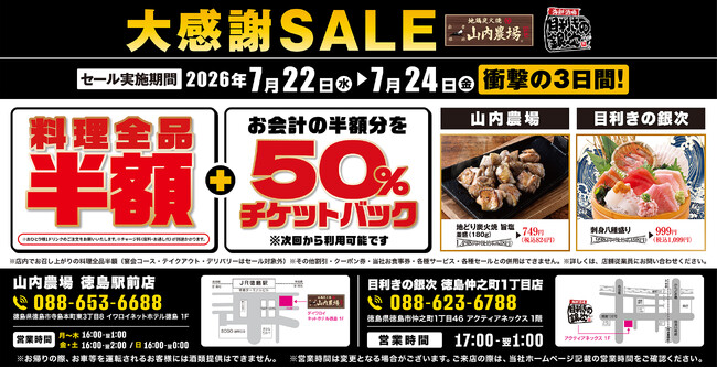【大感謝SALE】徳島県徳島市の「山内農場 徳島駅前店」「目利きの銀次 徳島中之町1丁目店」の2店舗で3日間限定の“料理半額”＆“半額チケットバックキャンペーン”を開催！