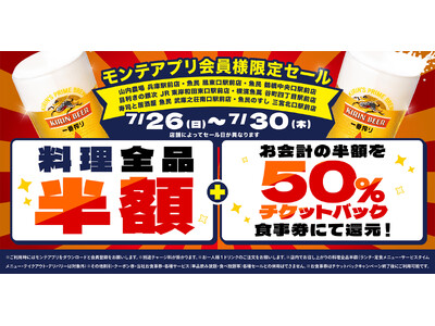 公式アプリ会員様限定！対象の7店舗で“料理全品半額”＆“半額チケットバックキャンペーン”を開催！当日ダウンロード、会員登録でもご利用可能！