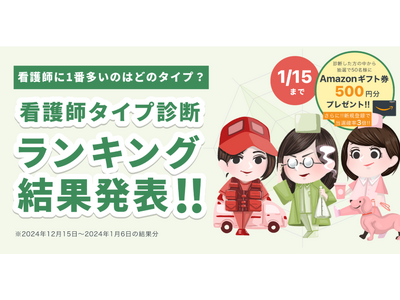 現役看護師が監修した「看護師タイプ診断」結果の途中経過ランキングを発表！1位はスペシャリスト系「みどりさん」で3割以上、2位は生活スタイル確立型「ももさん」で約2割を占める結果に