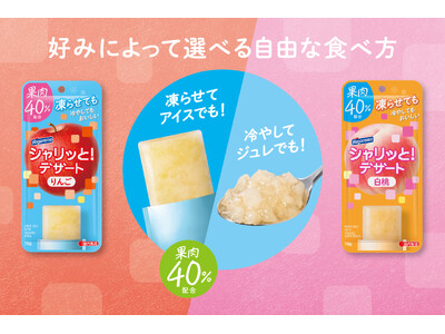 凍らせてアイスでも！冷やしてジュレでも！自分で選べる自由な食べ方がうれしい。果肉40％配合でフルーツ感も満載！！まずは凍らせてシャリッと感を実感して！