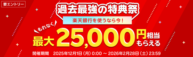 楽天銀行、「過去最強の特典祭」を開催