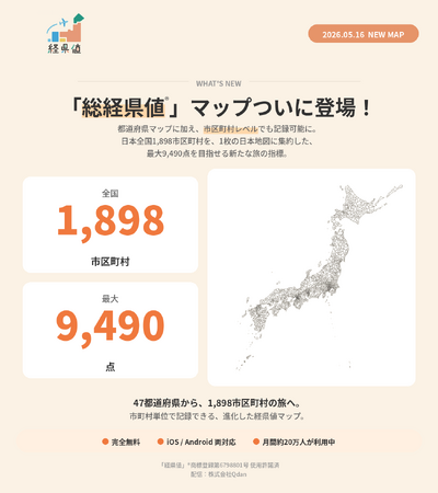 旅の記録アプリ「経県値」に新マップ「総経県値マップ」を追加リリース。全国1,898市区町村のすべてを1枚の日本地図で記録、最大スコアは9,490点に
