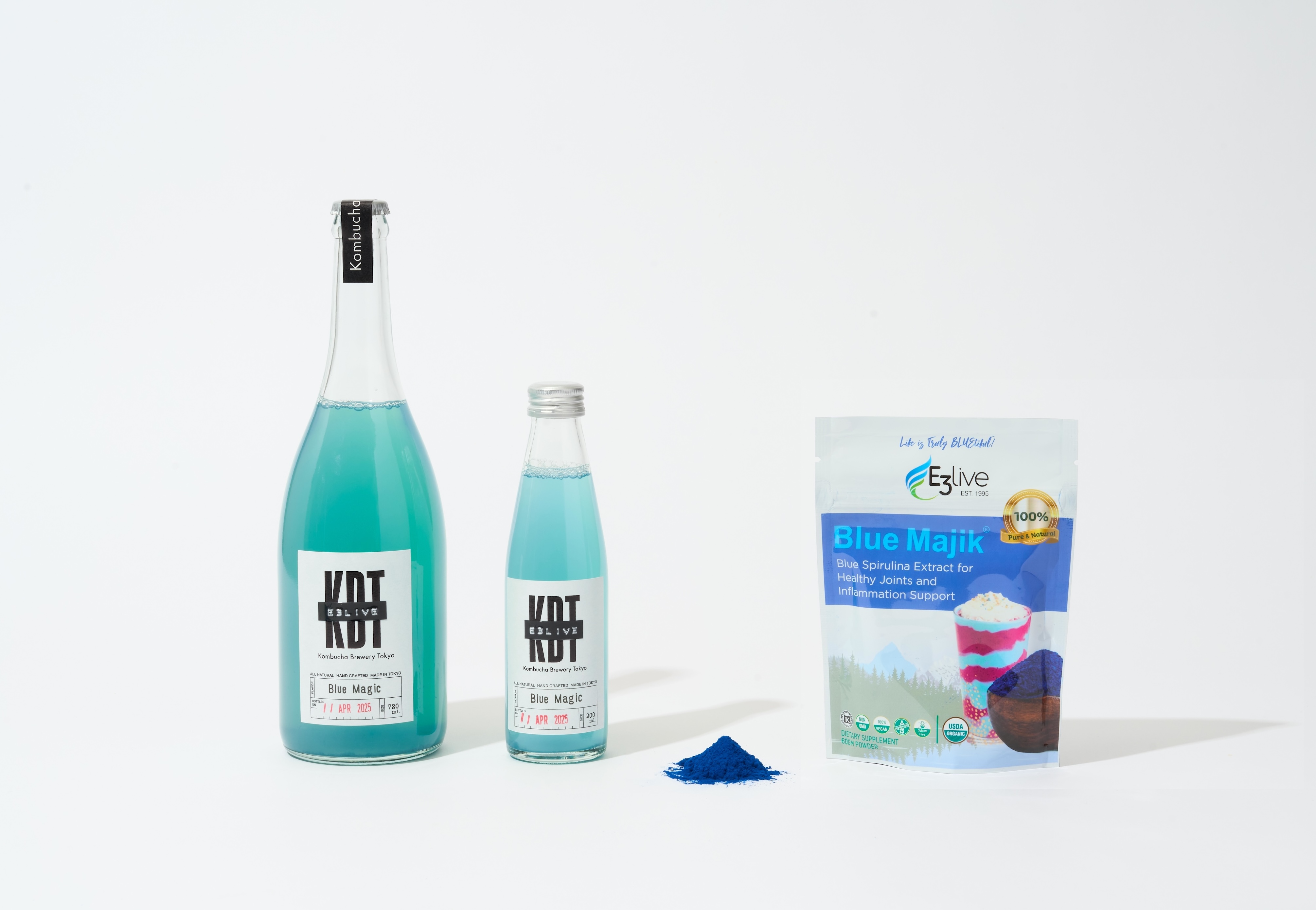 東京発のコンブチャ「KBT」×天然藻サプリメント「E3Live」コラボ商品が今年も！ 夏の疲れを取り去りすっきり整える”青のコンブチャ”を限定発売。