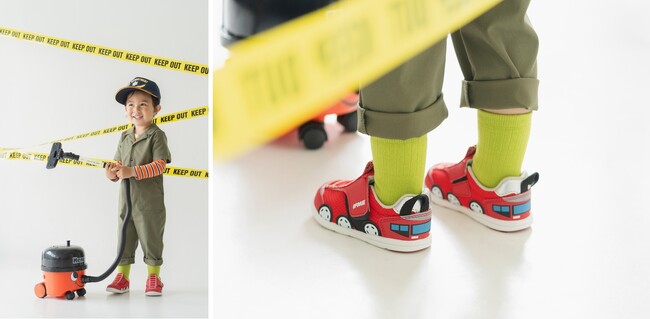 “パトカー”や“ハシゴ消防車”に“ゴミ収集車”まで！人気のはたらくくるまが足元を彩る！ “のりもの”をモチーフにしたシューズがIFMEから新登場
