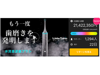 Water SonicがMakuakeで2,000万円の支援総額を突破！当初の支援目標金額の2,141%達成、従来の歯ブラシの2倍の歯垢除去力で注目を集める