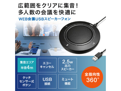 多人数でのWEB会議に対応！高感度マイク搭載の小型・高音質USBスピーカーフォンを発売