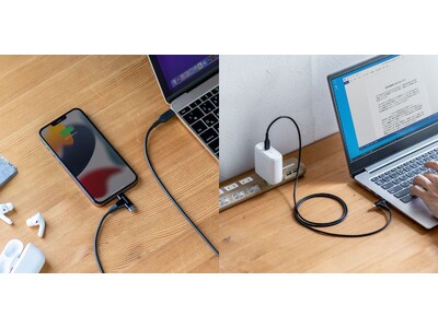 USB Type-CとLightningの2つのコネクタが付いた充電ケーブルUSB PD60W対応 データ転送 MFi認証品 ブラックを7月20日に発売