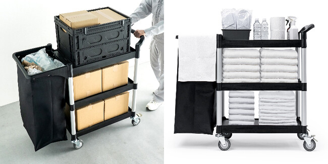 90L収納袋付き！高耐荷重でたくさん積める業務用3段ワゴンを発売