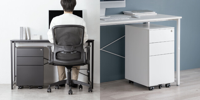 取っ手がないフラットデザインで美しく整う、小物からA4まで収まる3段キャビネットを9月26日に発売