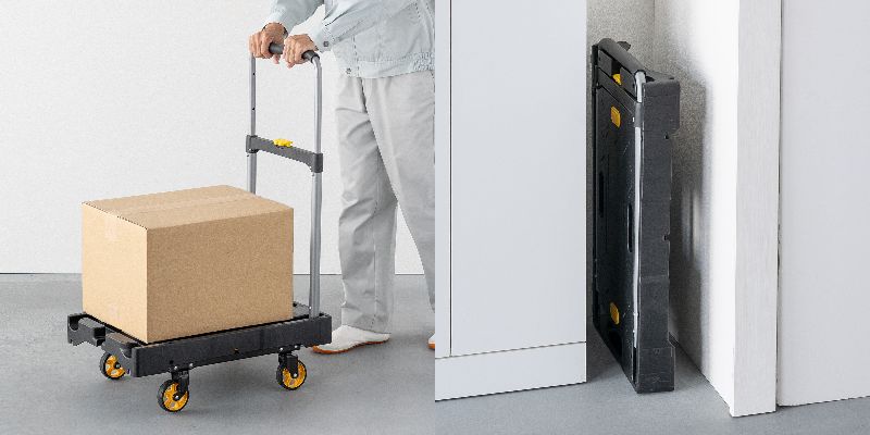 縦＆横に自立できて収納に便利な折りたたみ台車を発売