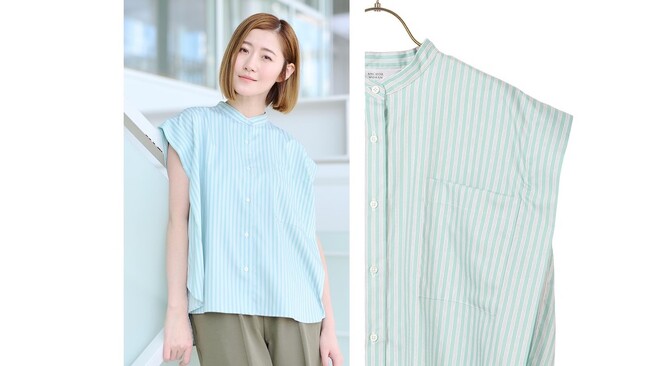 お客様の夏の潜在的悩みを解決！涼しさときちんと感を兼ね備えた ノースリーブ以上半袖未満の“腕が細く見えるシャツブラウス”が登場