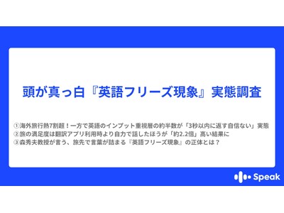 最大12連休のGWは海外旅行熱7割超！一方で“とっさの英会話”に不安。英語のインプット重視層の約半数が「3秒以内に返す自信ない」実態。森秀夫教授が言う、旅先で言葉が詰まる『英語フリーズ現象』の正体とは