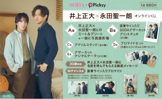 はずれなしで限定グッズやコンテンツが必ず手に入る!ぴあのオンラインくじサービス「Pickzy(ピクジー)」にて「SODA×Pickzy 井上正大×永田聖一朗 オンラインくじ」の販売が開始!