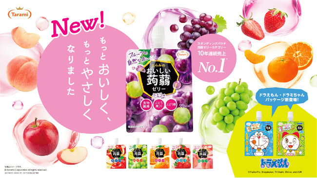フルーツの自然な味わいを活かし、家族向けに進化「おいしい蒟蒻ゼリー」をリニューアルスタンダードライン刷新に加え、ドラえもんデザインのキャラクターラインを展開