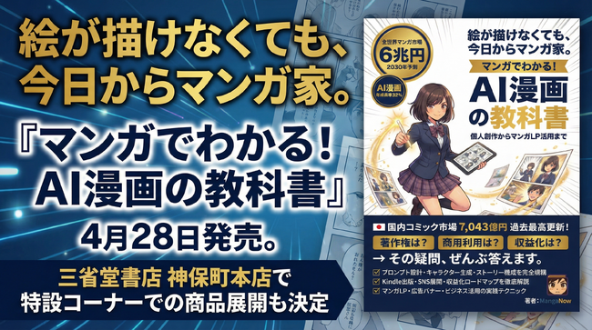 プレスリリース「「絵が描けなくても、今日からマンガ家。」『マンガでわかる！AI漫画の教科書』4月28日発売。三省堂書店 神保町本店で特設コーナーでの商品展開も決定」のイメージ画像