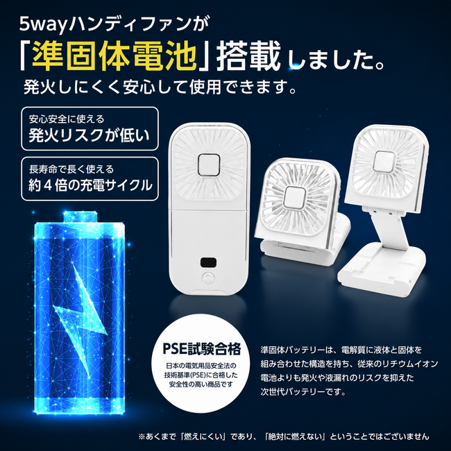 「爆発しない」夏の新常識　～次世代電池 ”準固体電池” を搭載した5WAYハンディファン～